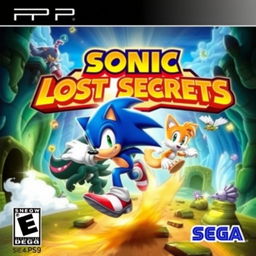 An engaging cover art for the PSP game titled 'Sonic LOST SECRETS', designed by Sega