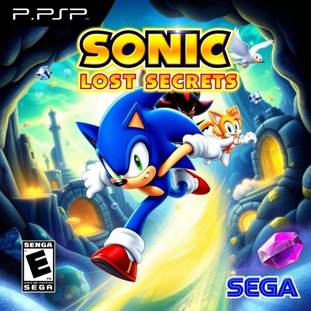 An engaging cover art for the PSP game titled 'Sonic LOST SECRETS', designed by Sega