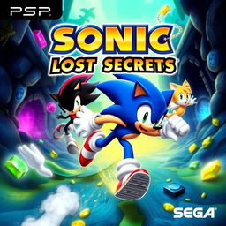 An engaging cover art for the PSP game titled 'Sonic LOST SECRETS', designed by Sega