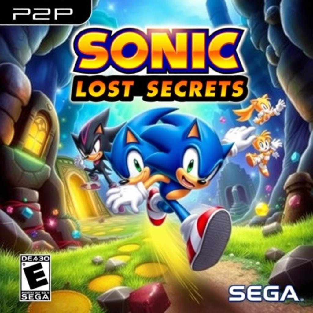 An engaging cover art for the PSP game titled 'Sonic LOST SECRETS', designed by Sega