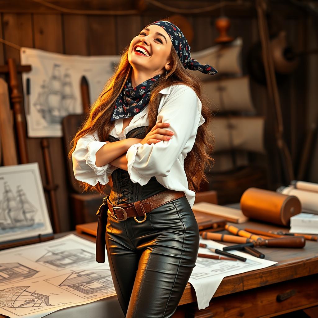 A vibrant female pirate architect, tilting her head back with laughter, radiating joy and confidence