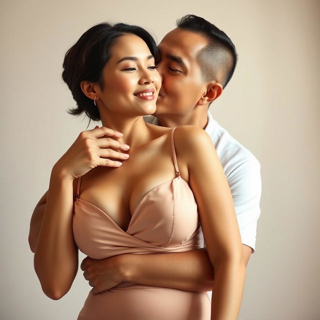 A 39-year-old Indonesian man with pure white skin, affectionately hugging a beautiful 28-year-old woman from behind