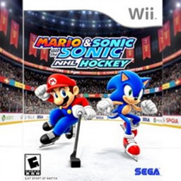 An energetic cover art for the Wii game titled 'Mario & Sonic at the NHL Hockey', created by EA Sports and Sega