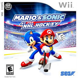 An energetic cover art for the Wii game titled 'Mario & Sonic at the NHL Hockey', created by EA Sports and Sega
