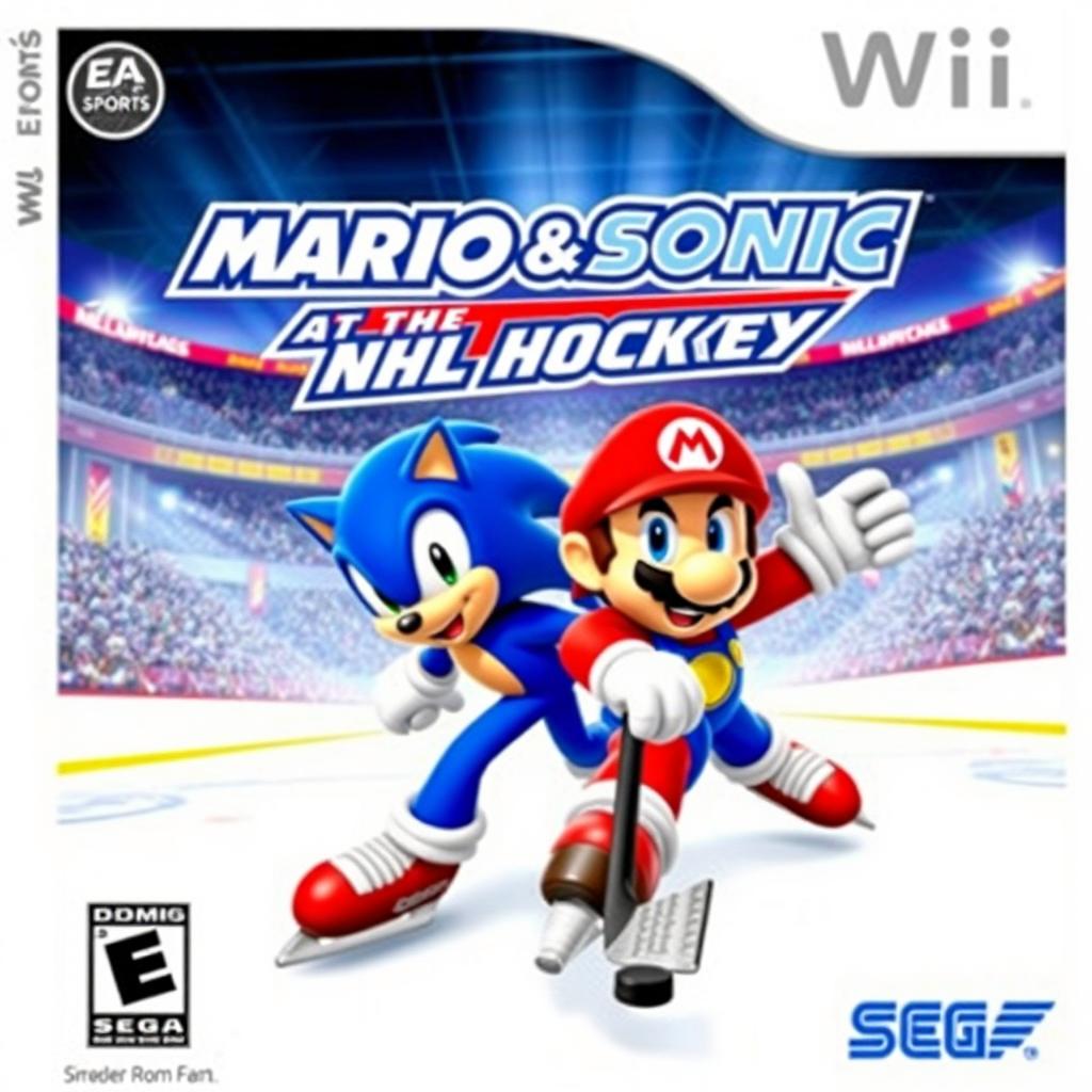 An energetic cover art for the Wii game titled 'Mario & Sonic at the NHL Hockey', created by EA Sports and Sega