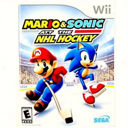 An energetic cover art for the Wii game titled 'Mario & Sonic at the NHL Hockey', created by EA Sports and Sega