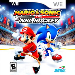 An energetic cover art for the Wii game titled 'Mario & Sonic at the NHL Hockey', created by EA Sports and Sega