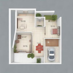 A 2 bedroom, 2 washroom house plot map design with car parking, fitting a 30x30 feet plot, encompassing both front elevation view and interior design. The design should showcase sensible space management and attractive architectural features.