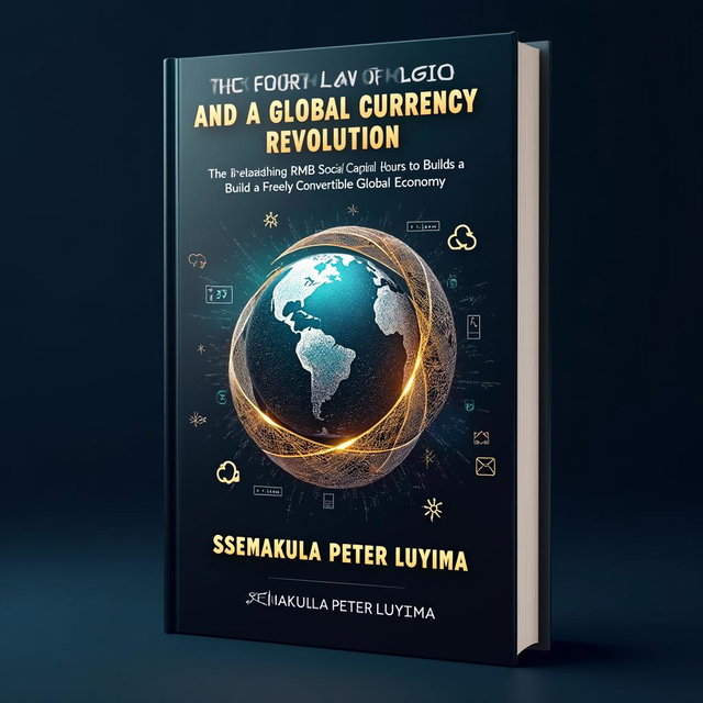 A book cover design for 'The Fourth Law of Logic and the Global Currency Revolution: Unleashing RMB Social Capital Hours to Build a Freely Convertible Global Economy' by Ssemakula Peter Luyima