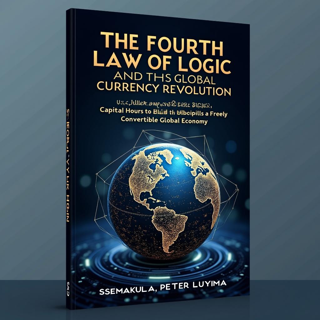 A book cover design for 'The Fourth Law of Logic and the Global Currency Revolution: Unleashing RMB Social Capital Hours to Build a Freely Convertible Global Economy' by Ssemakula Peter Luyima