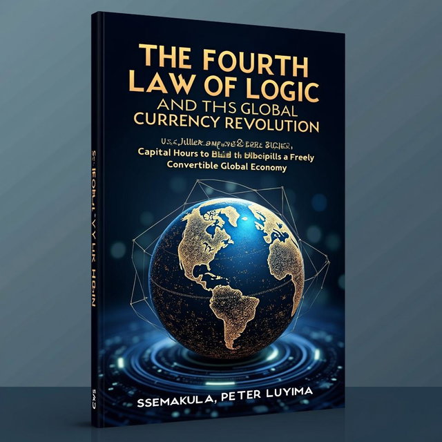 A book cover design for 'The Fourth Law of Logic and the Global Currency Revolution: Unleashing RMB Social Capital Hours to Build a Freely Convertible Global Economy' by Ssemakula Peter Luyima
