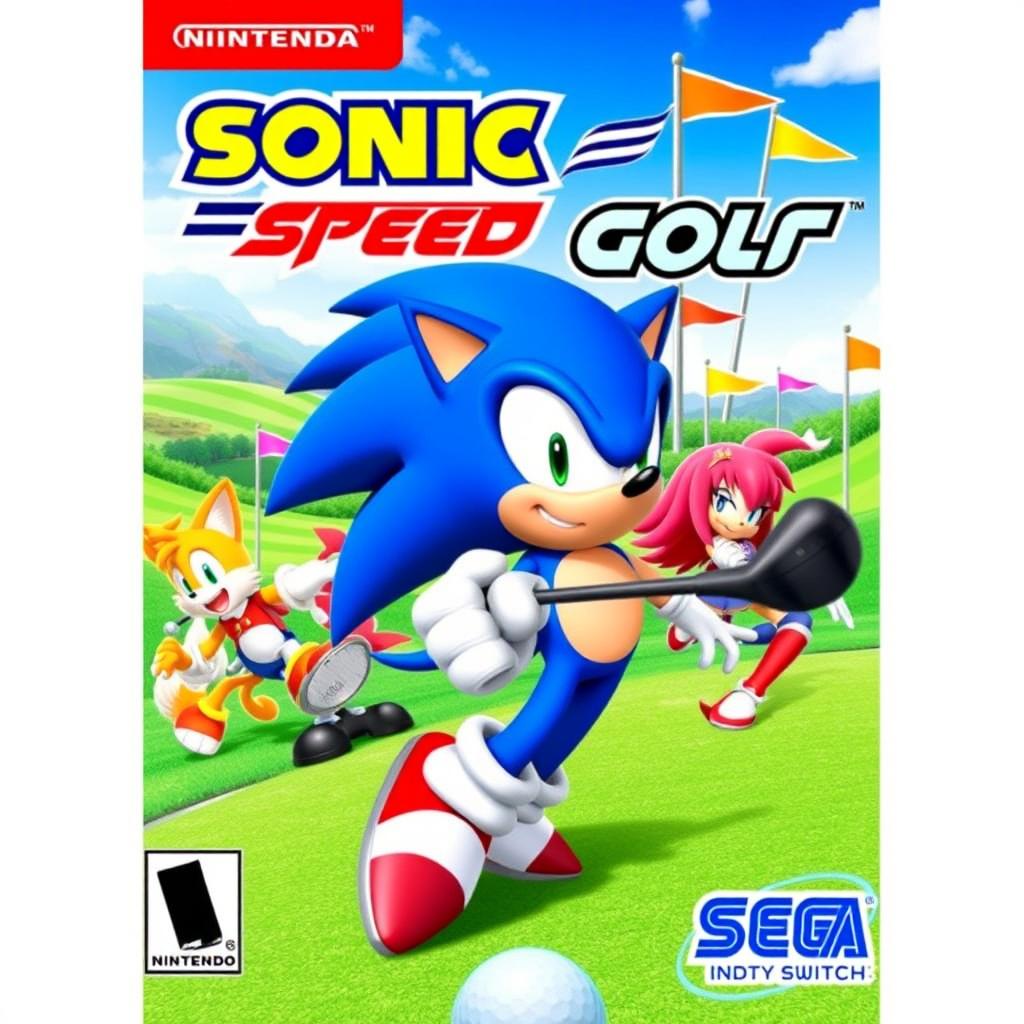 An energetic cover art for the Nintendo Switch game titled 'Sonic Speed Golf', created by Sega