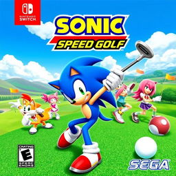 An energetic cover art for the Nintendo Switch game titled 'Sonic Speed Golf', created by Sega