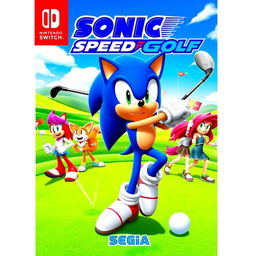 An energetic cover art for the Nintendo Switch game titled 'Sonic Speed Golf', created by Sega