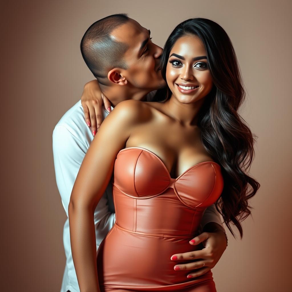 A 39-year-old Indonesian man with pure white skin is lovingly hugging a beautiful 28-year-old woman from behind, kissing her cheek gently