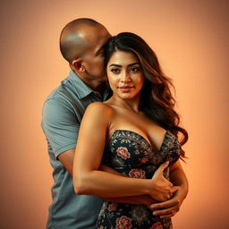 A 39-year-old Indonesian man with pure white skin is lovingly hugging a beautiful 28-year-old woman from behind, kissing her cheek gently