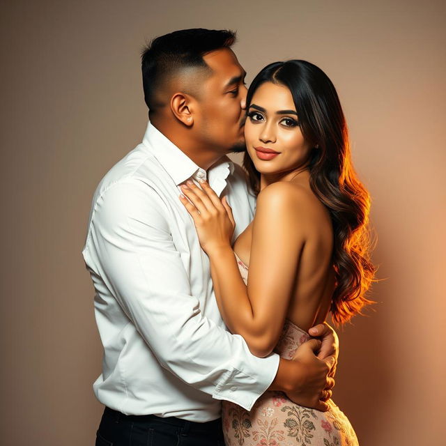 A 39-year-old Indonesian man with pure white skin is lovingly hugging a beautiful 28-year-old woman from behind, kissing her cheek gently