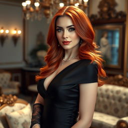 An elegant Romanian woman with vibrant red hair, dressed in a stunning, sophisticated outfit that accentuates her figure