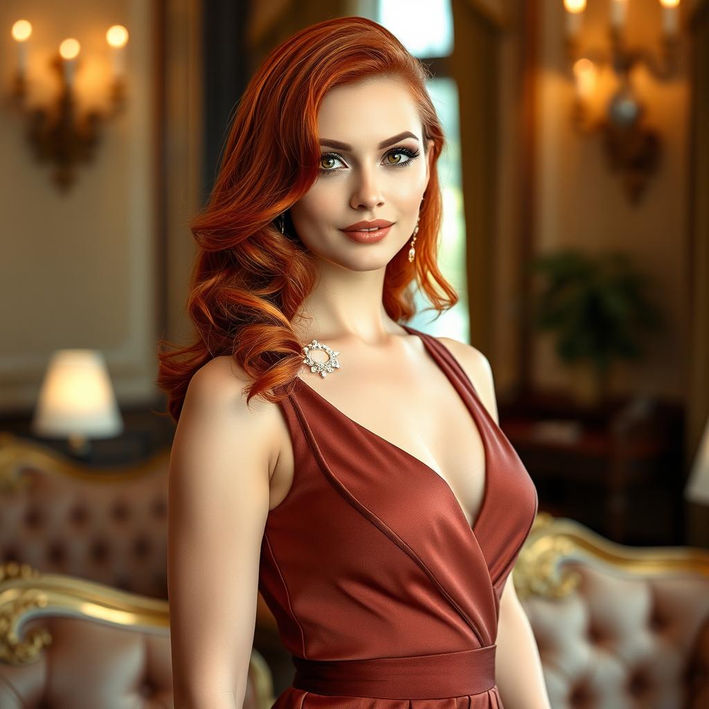 An elegant Romanian woman with vibrant red hair, dressed in a stunning, sophisticated outfit that accentuates her figure