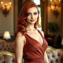 An elegant Romanian woman with vibrant red hair, dressed in a stunning, sophisticated outfit that accentuates her figure