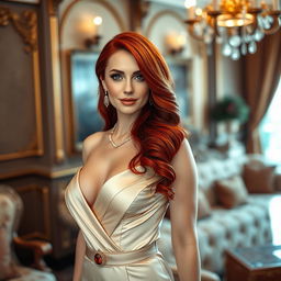 An elegant Romanian woman with vibrant red hair, dressed in a stunning, sophisticated outfit that accentuates her figure