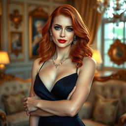 An elegant Romanian woman with vibrant red hair, dressed in a stunning, sophisticated outfit that accentuates her figure