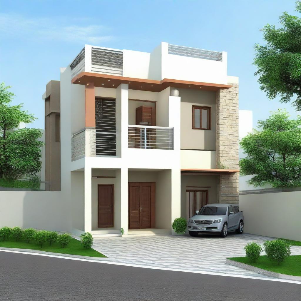 A 2 bedroom, 2 washroom house plot map design with car parking, fitting a 30x30 feet plot, encompassing both front elevation view and interior design. The design should showcase sensible space management and attractive architectural features.