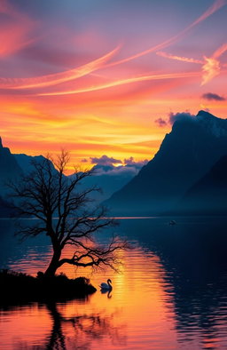 A majestic sunset over a serene lake surrounded by towering mountains, with vibrant colors of orange, pink, and purple reflecting on the water's surface