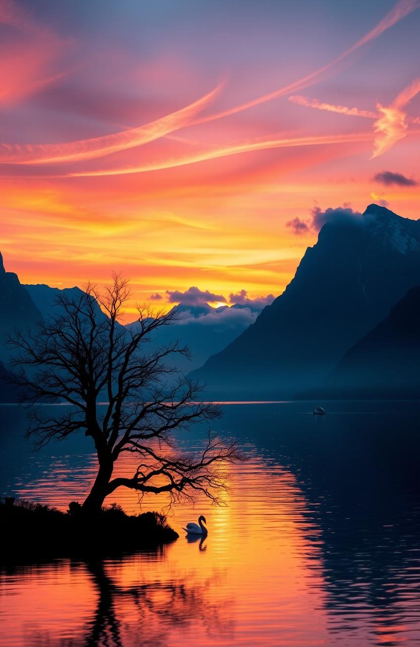 A majestic sunset over a serene lake surrounded by towering mountains, with vibrant colors of orange, pink, and purple reflecting on the water's surface