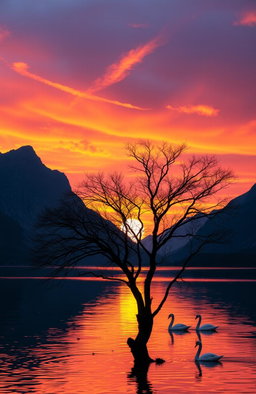 A majestic sunset over a serene lake surrounded by towering mountains, with vibrant colors of orange, pink, and purple reflecting on the water's surface