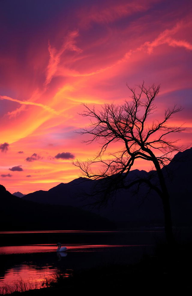A majestic sunset over a serene lake surrounded by towering mountains, with vibrant colors of orange, pink, and purple reflecting on the water's surface