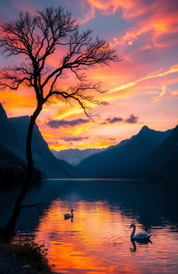 A majestic sunset over a serene lake surrounded by towering mountains, with vibrant colors of orange, pink, and purple reflecting on the water's surface