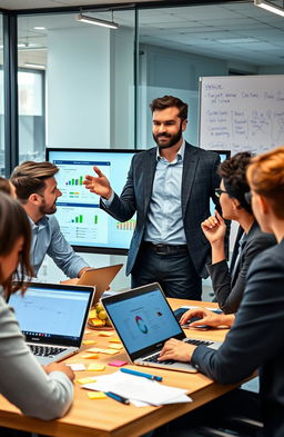 A professional setting illustrating a dynamic Project Manager and Product Owner leading a collaborative team meeting