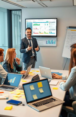 A professional setting illustrating a dynamic Project Manager and Product Owner leading a collaborative team meeting