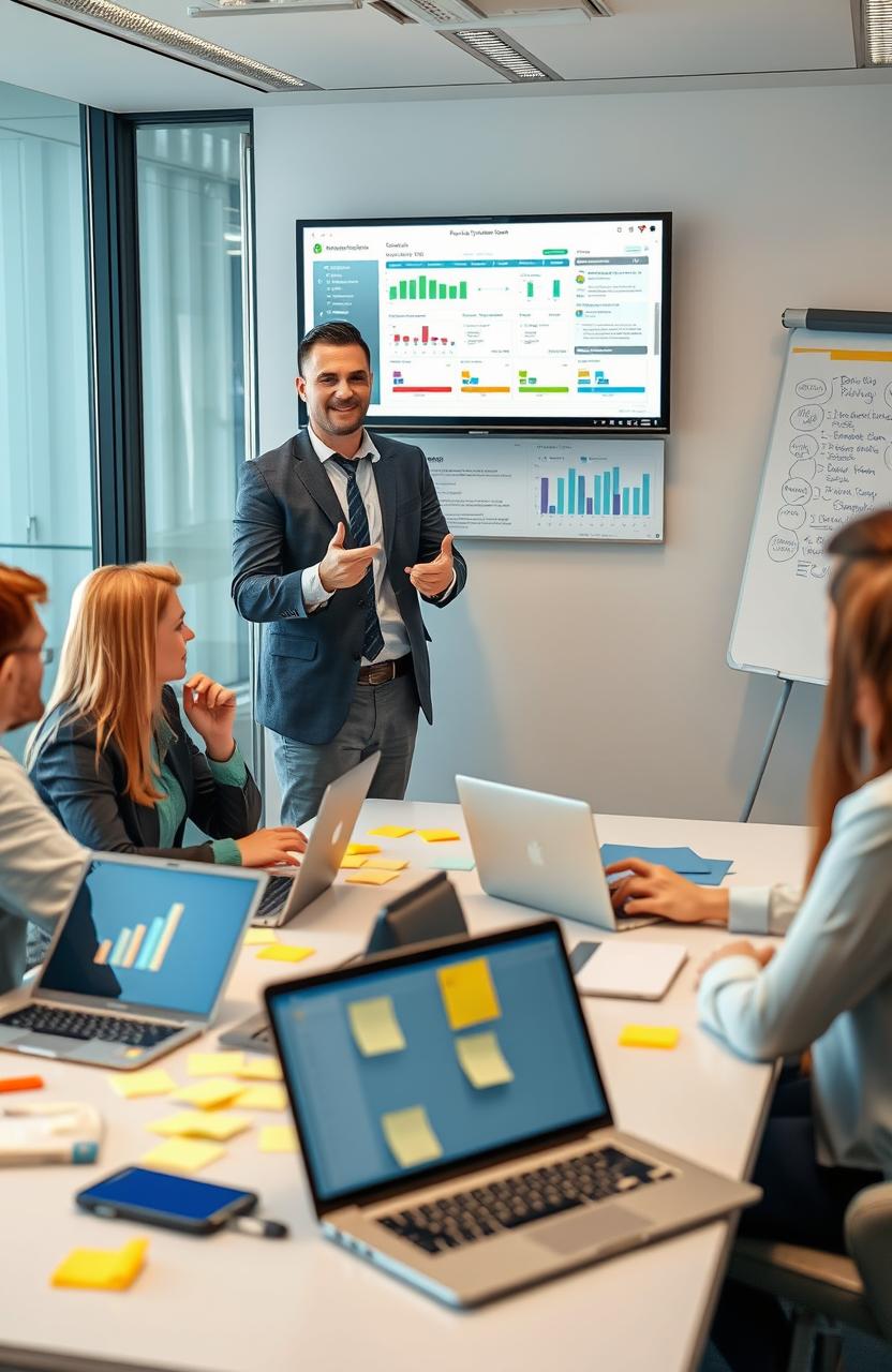 A professional setting illustrating a dynamic Project Manager and Product Owner leading a collaborative team meeting