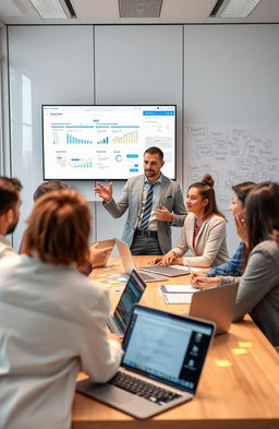 A professional setting illustrating a dynamic Project Manager and Product Owner leading a collaborative team meeting