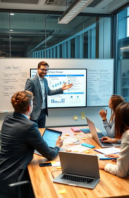 A professional setting illustrating a dynamic Project Manager and Product Owner leading a collaborative team meeting