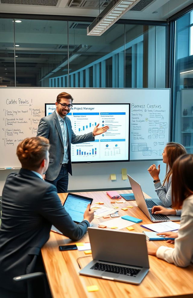 A professional setting illustrating a dynamic Project Manager and Product Owner leading a collaborative team meeting