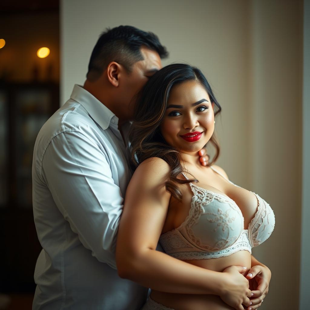 A 39-year-old Indonesian man with pure white skin is embracing a beautiful 28-year-old woman affectionately from behind, kissing her cheek tenderly