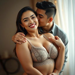 A 39-year-old Indonesian man with pure white skin is embracing a beautiful 28-year-old woman affectionately from behind, kissing her cheek tenderly