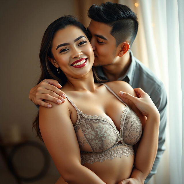 A 39-year-old Indonesian man with pure white skin is embracing a beautiful 28-year-old woman affectionately from behind, kissing her cheek tenderly