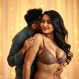 A 39-year-old Indonesian man with pure white skin is embracing a beautiful 28-year-old woman affectionately from behind, kissing her cheek tenderly