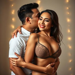 A 39-year-old Indonesian man with pure white skin is embracing a beautiful 28-year-old woman affectionately from behind, kissing her cheek tenderly