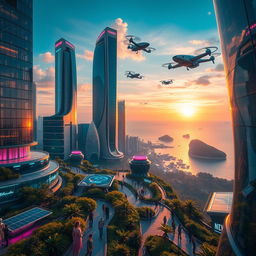 A breathtaking futuristic landscape, featuring soaring skyscrapers with neon lights, flying cars zooming through the sky, and a vibrant sunset casting colorful reflections on glass surfaces