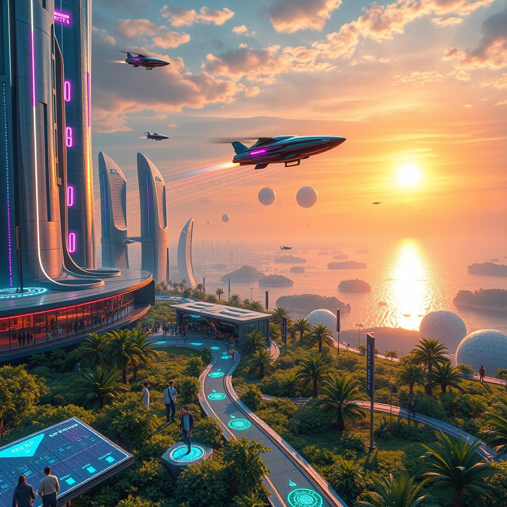 A breathtaking futuristic landscape, featuring soaring skyscrapers with neon lights, flying cars zooming through the sky, and a vibrant sunset casting colorful reflections on glass surfaces