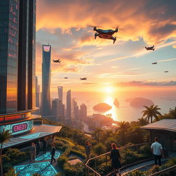 A breathtaking futuristic landscape, featuring soaring skyscrapers with neon lights, flying cars zooming through the sky, and a vibrant sunset casting colorful reflections on glass surfaces