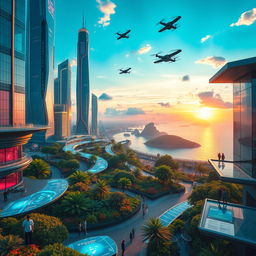 A breathtaking futuristic landscape, featuring soaring skyscrapers with neon lights, flying cars zooming through the sky, and a vibrant sunset casting colorful reflections on glass surfaces