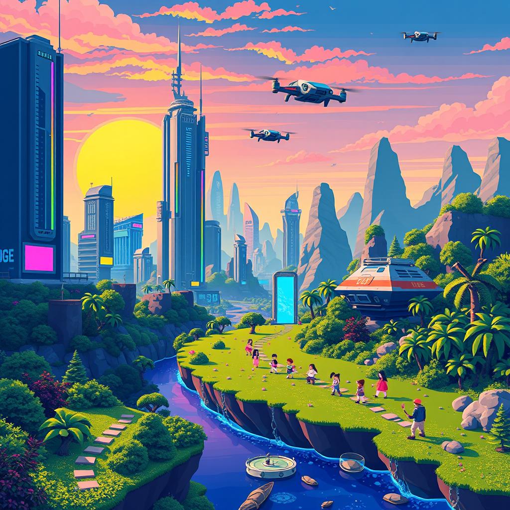 A vibrant pixel art depiction of a futuristic landscape, showcasing pixelated skyscrapers with retro neon lights, flying cars represented in 8-bit style, and a colorful pixelated sunset in the background