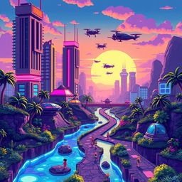 A vibrant pixel art depiction of a futuristic landscape, showcasing pixelated skyscrapers with retro neon lights, flying cars represented in 8-bit style, and a colorful pixelated sunset in the background