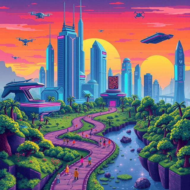 A vibrant pixel art depiction of a futuristic landscape, showcasing pixelated skyscrapers with retro neon lights, flying cars represented in 8-bit style, and a colorful pixelated sunset in the background